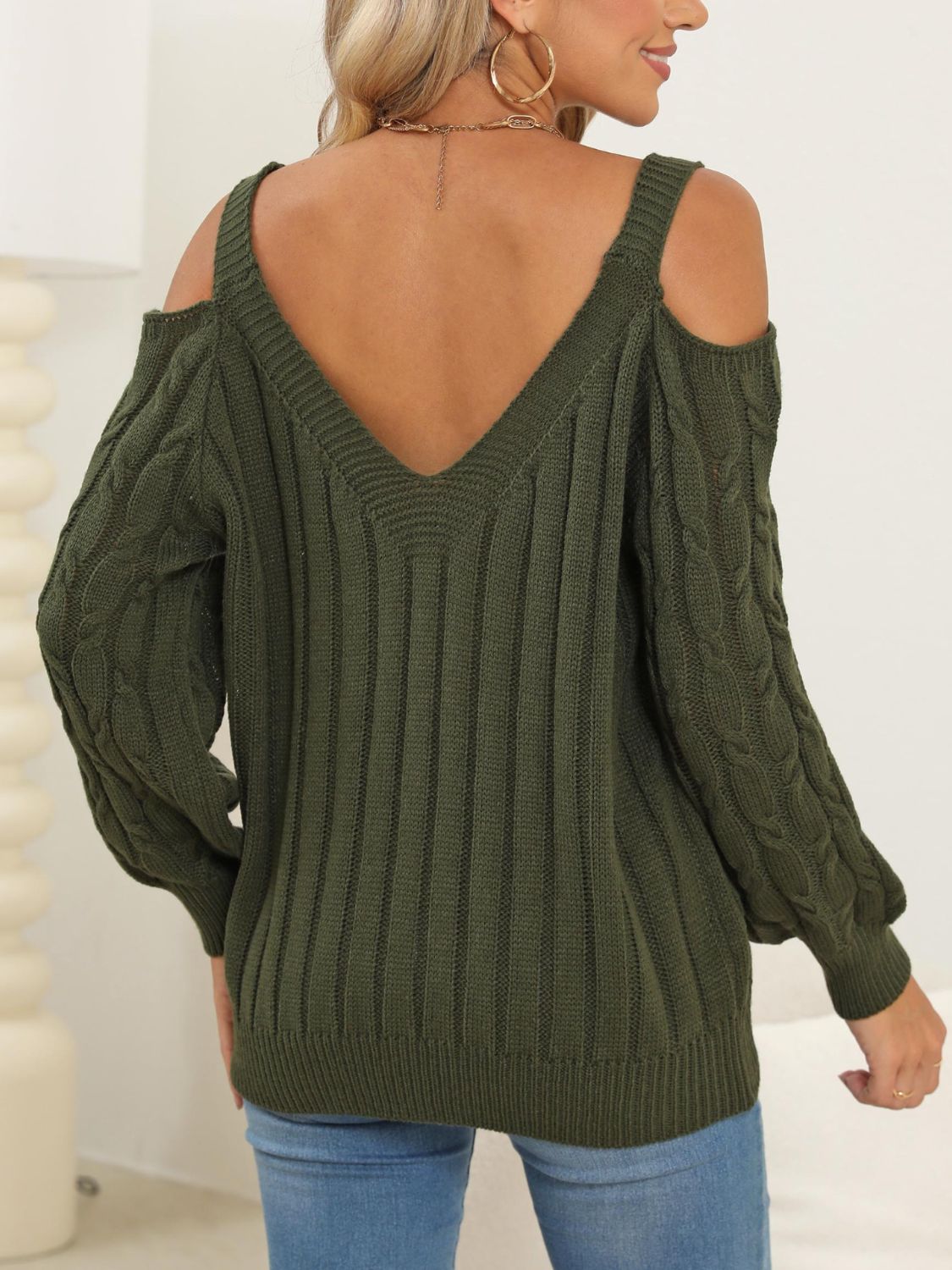 Cable-Knit Heart V-Neck Sweater-BT8D
