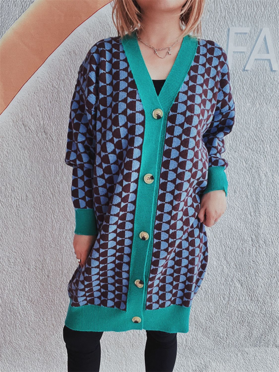 Contrast Trim Geometric Button Down Cardigan-BT8D