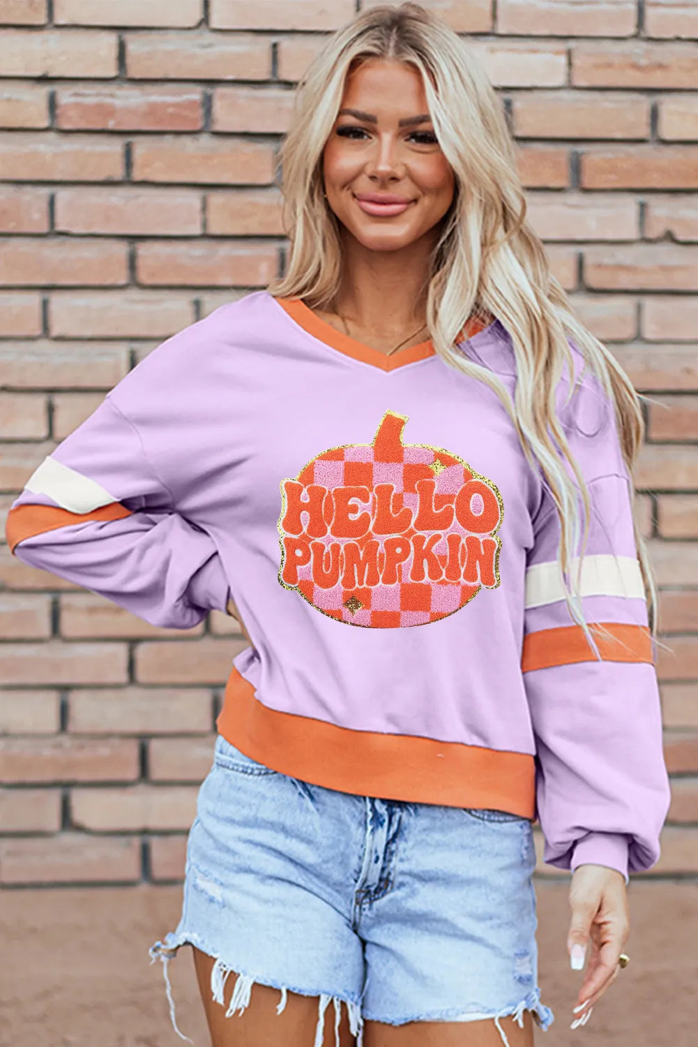 Contrast V-Neck Long Sleeve Sweatshirt-BT8D