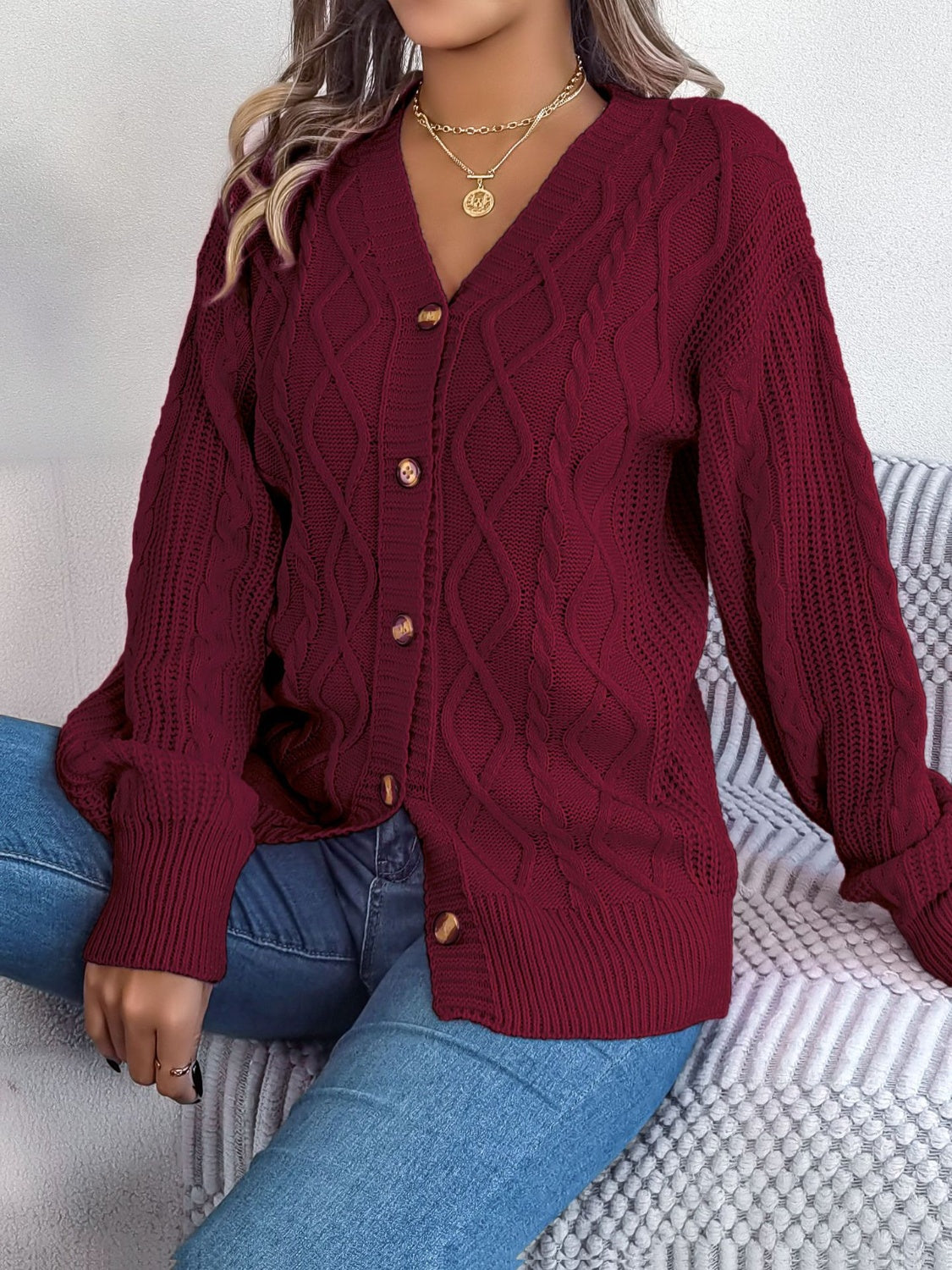 Cable-Knit Long Sleeve Cardigan-BT8D