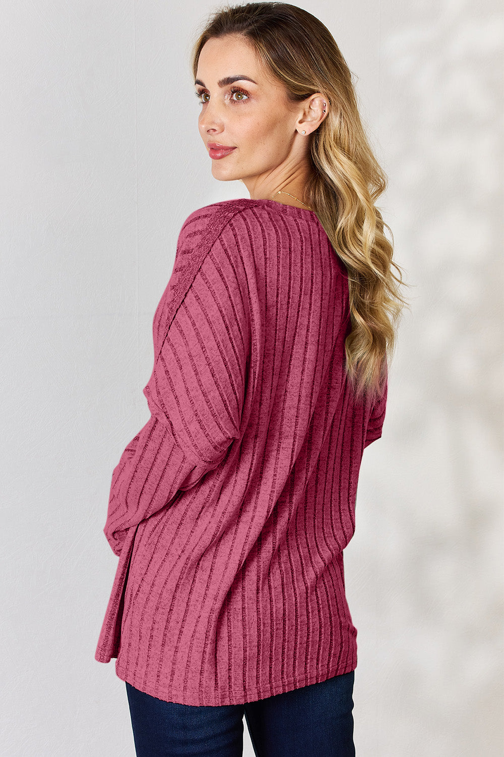 Basic Bae Full Size Ribbed Half Button Long Sleeve T-Shirt-BT8D