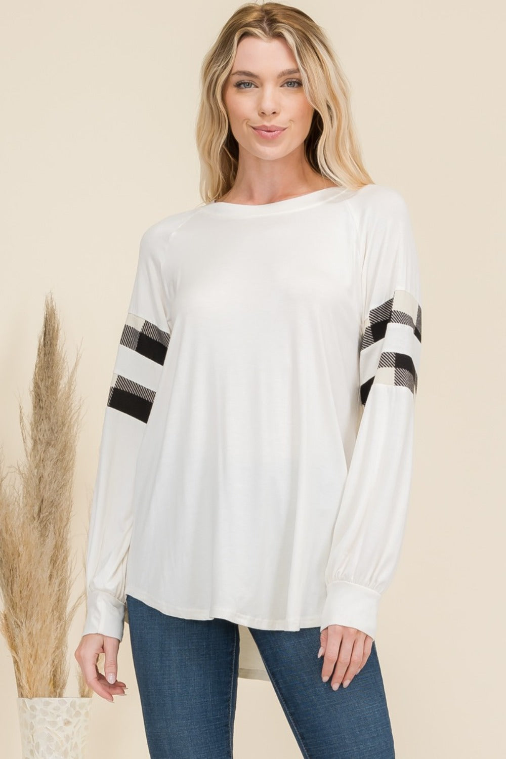 Celeste Full Size Plaid Detail Long Sleeve T-Shirt-BT8D