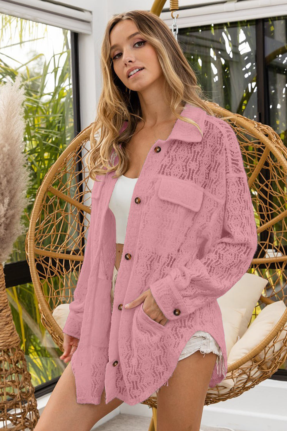 BiBi Oversized Lace Shacket with Front Pockets-BT8D