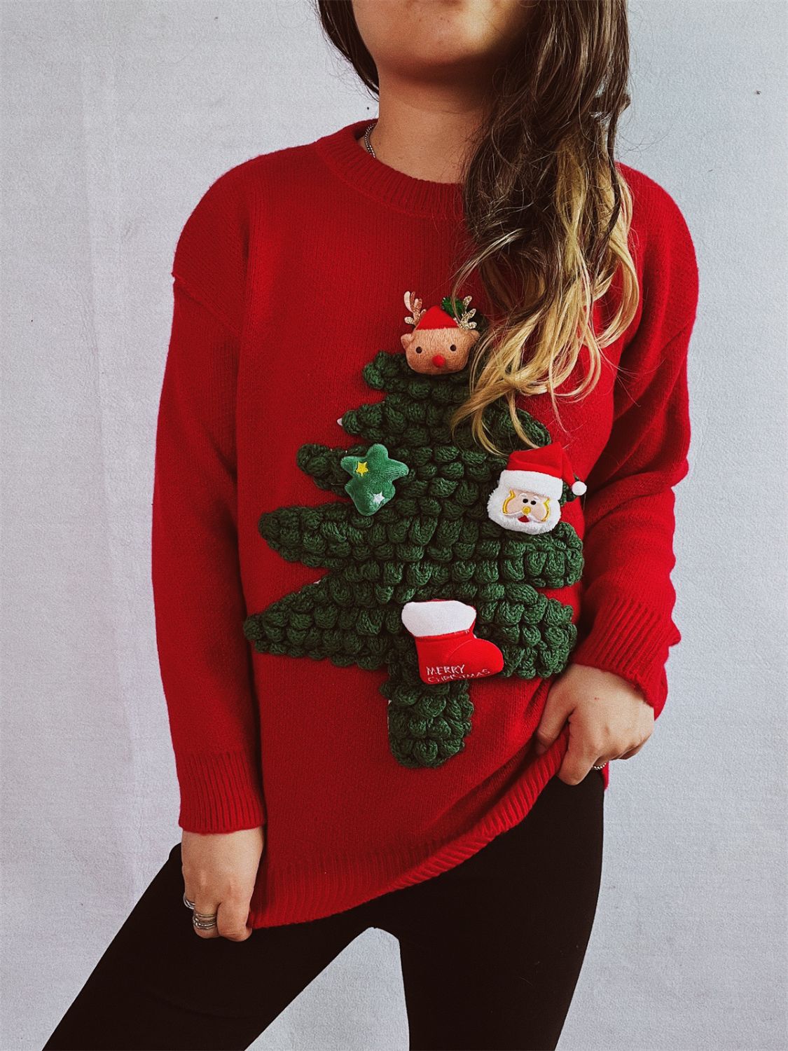 Christmas Tree Round Neck Long Sleeve Sweater-BT8D