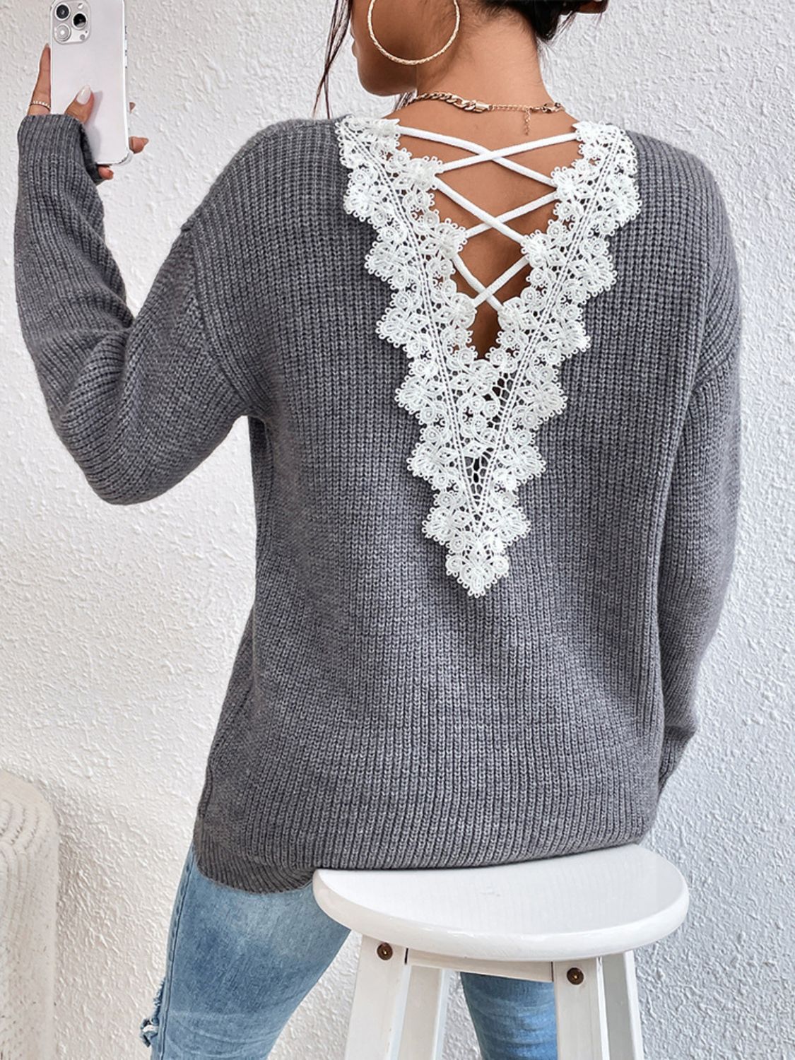 Crisscross V-Neck Long Sleeve Sweater-BT8D
