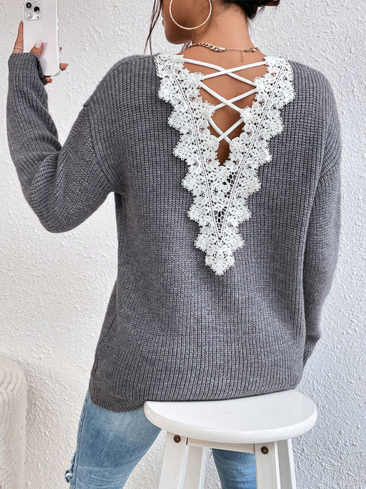 Crisscross V-Neck Long Sleeve Sweater-BT8D
