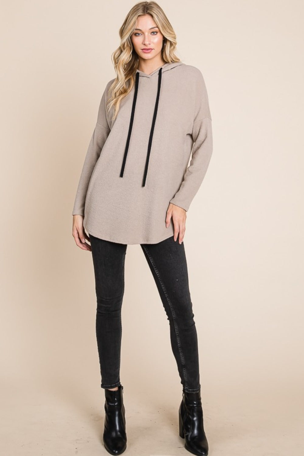 BOMBOM Contrast Drawstring Drop Shoulder Knit Hoodie-BT8D