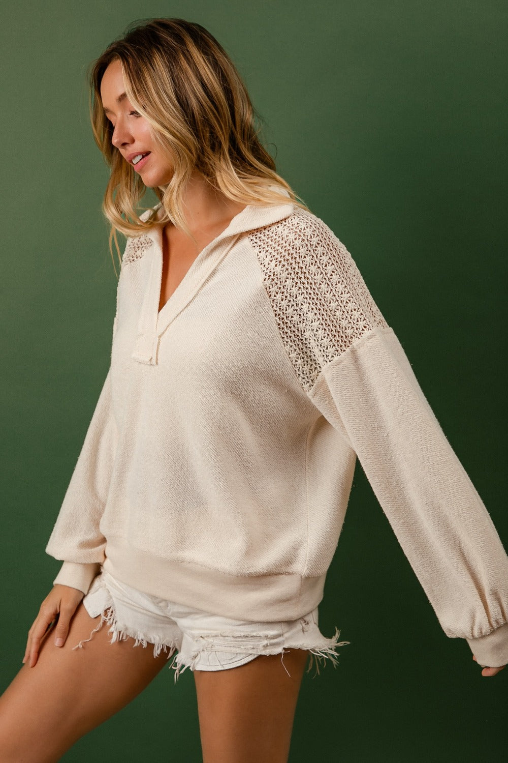 BiBi French Terry Lace Shoulder Top-BT8D