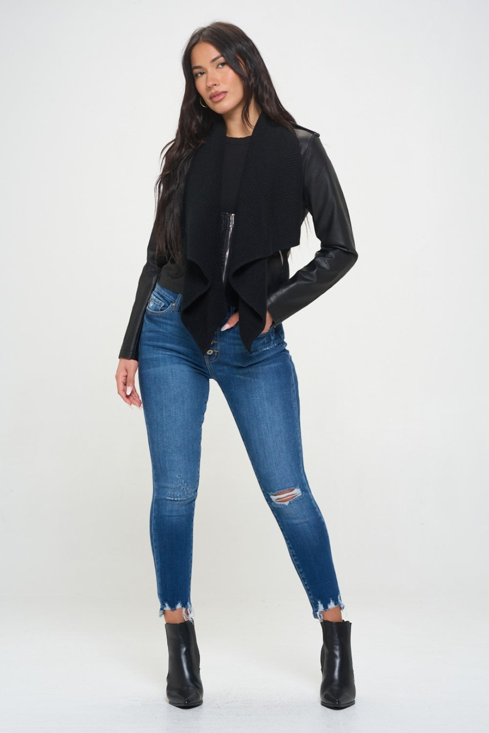 Coalition LA Knit Collared Faux Leather Crop Jacket-BT8D