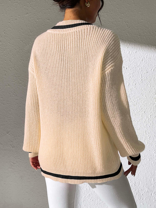Contrast Trim V-Neck Long Sleeve Sweater-BT8D