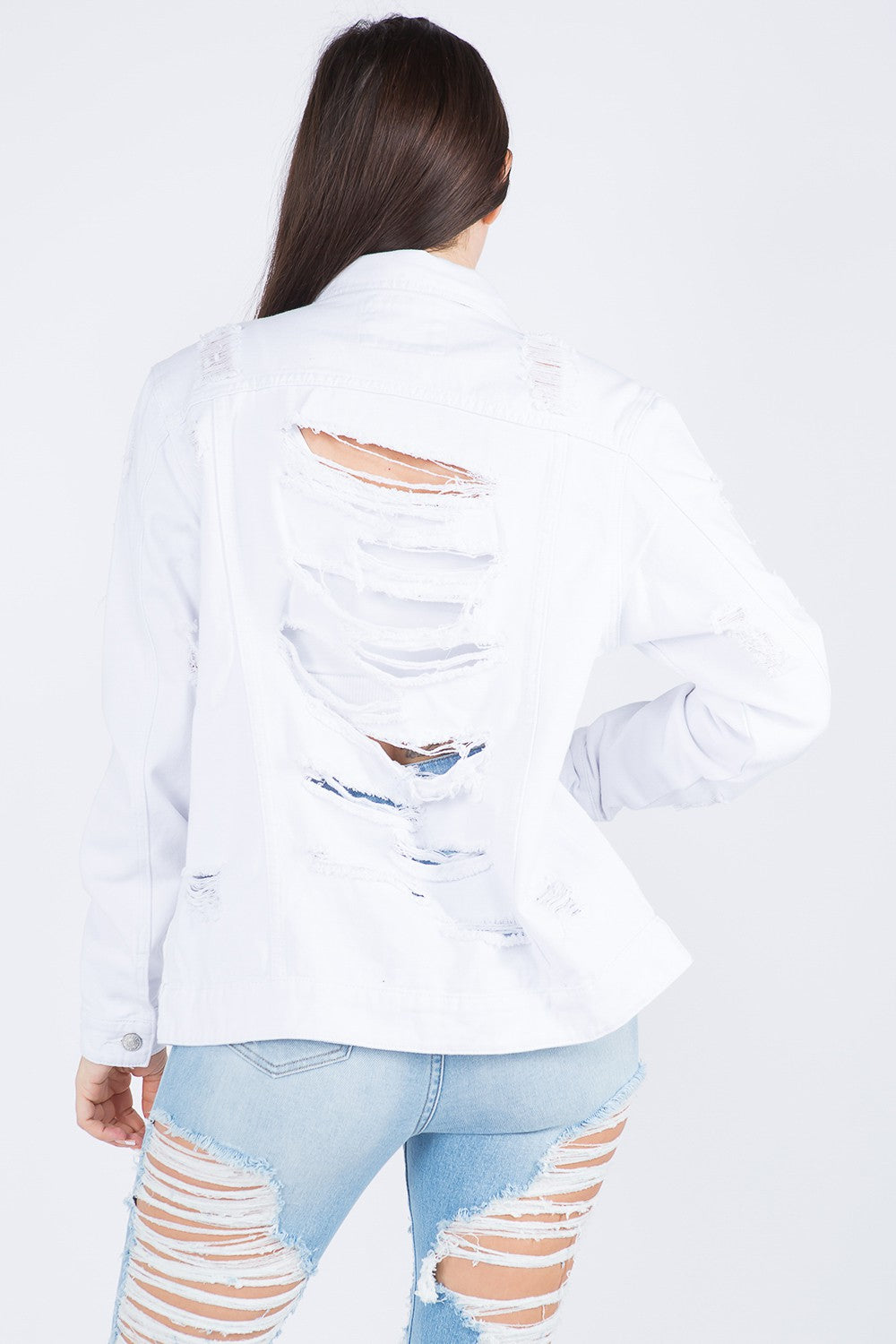 American Bazi Distressed Back Button Down Denim Jacket-BT8D
