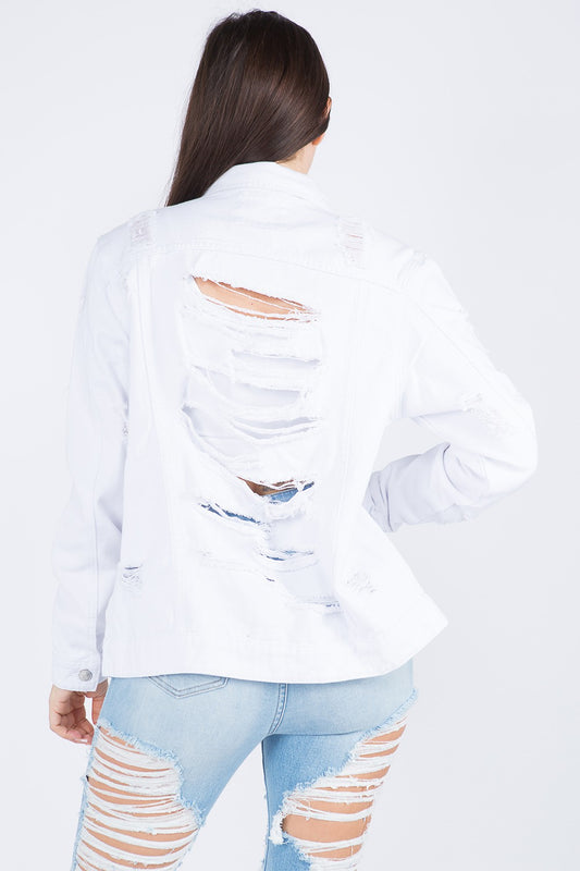American Bazi Distressed Back Button Down Denim Jacket-BT8D