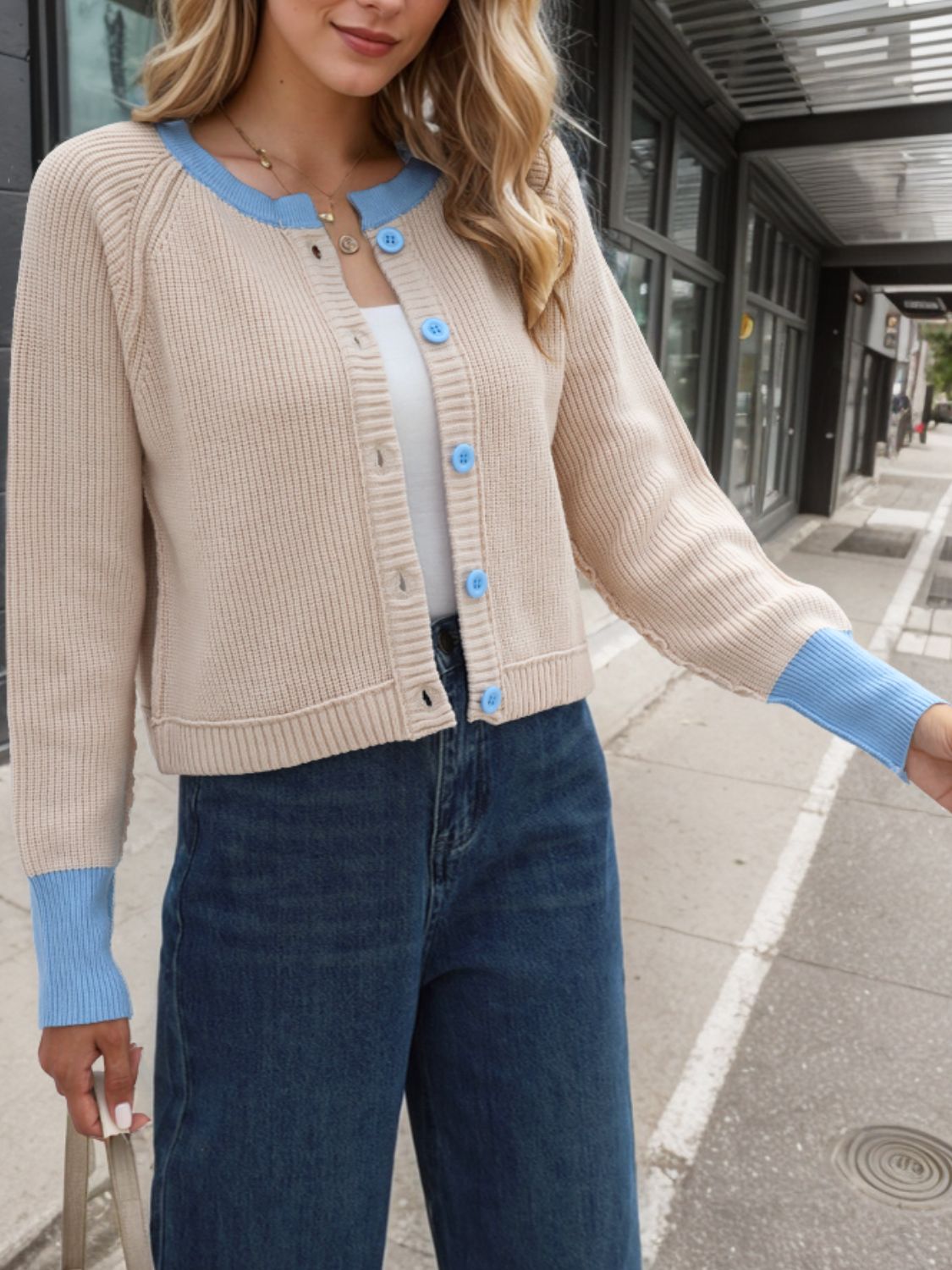 Contrast Button Up Long Sleeve Cardigan-BT8D