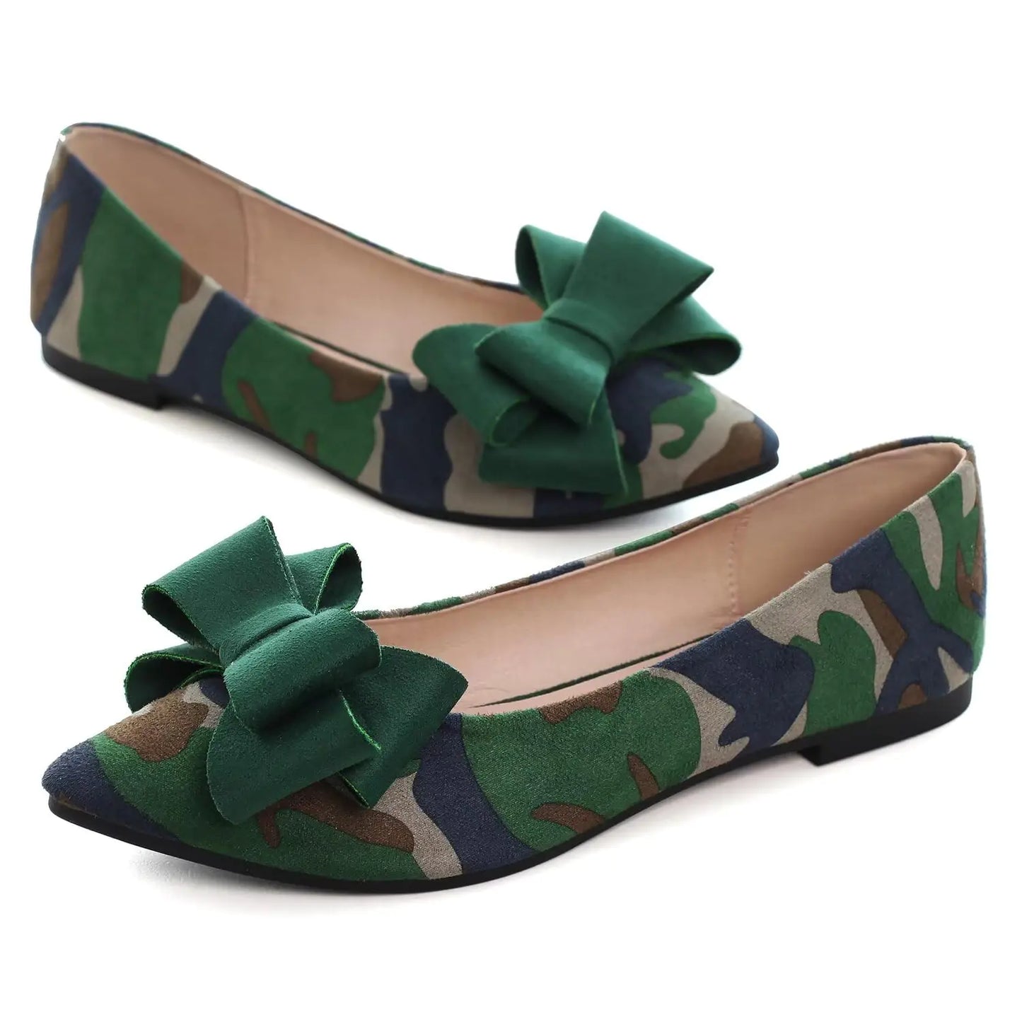 Hee grand Bowknot Pointed Toe Flats for Women Comfort Ballet Shoes Suede Dress Shoes Casual Slip on LoafersCamouflage Green 5.5