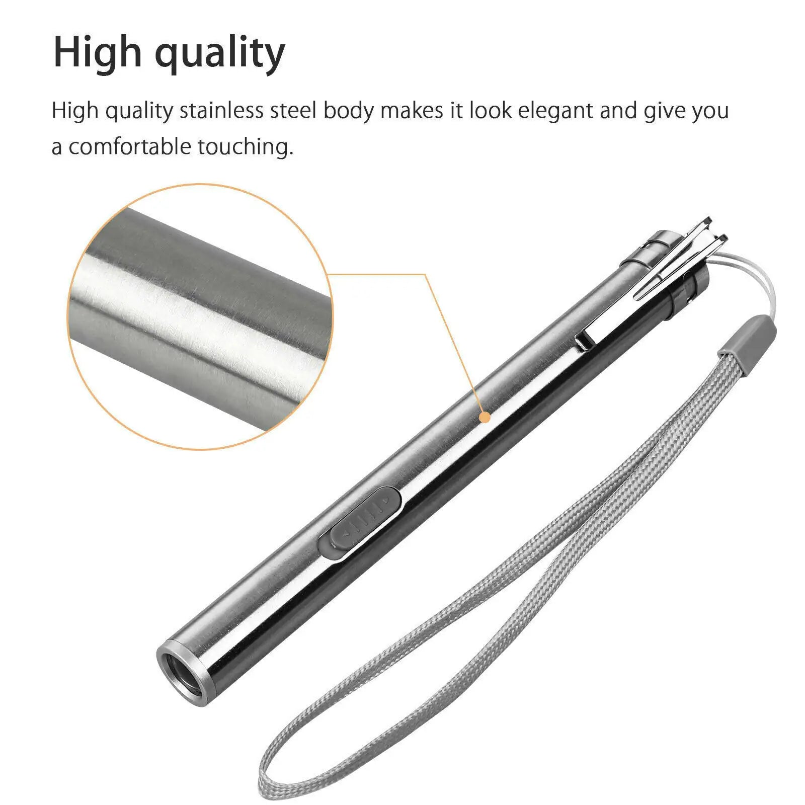 5" LED USB Rechargeable Mini Tactical Flashlight Stainless Steel Torch Pen Light-BT8D