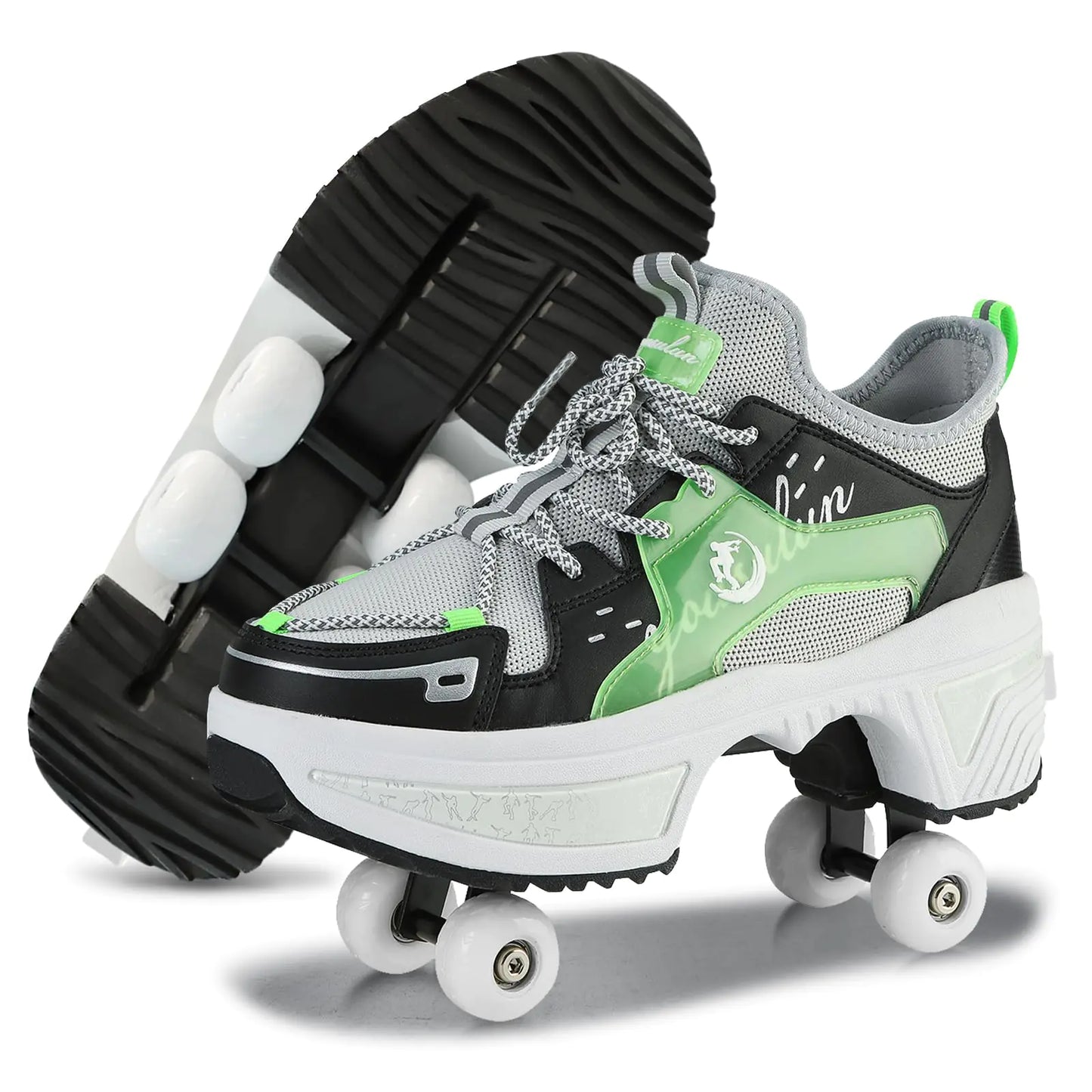 Roller Skate Shoes for Women Kids Roller Shoes Boy Girl Sneakers with Retractable Wheels Breathable Roller Skates Shoes for Christmas Birthday Children Show Gift (Green 10.5)
