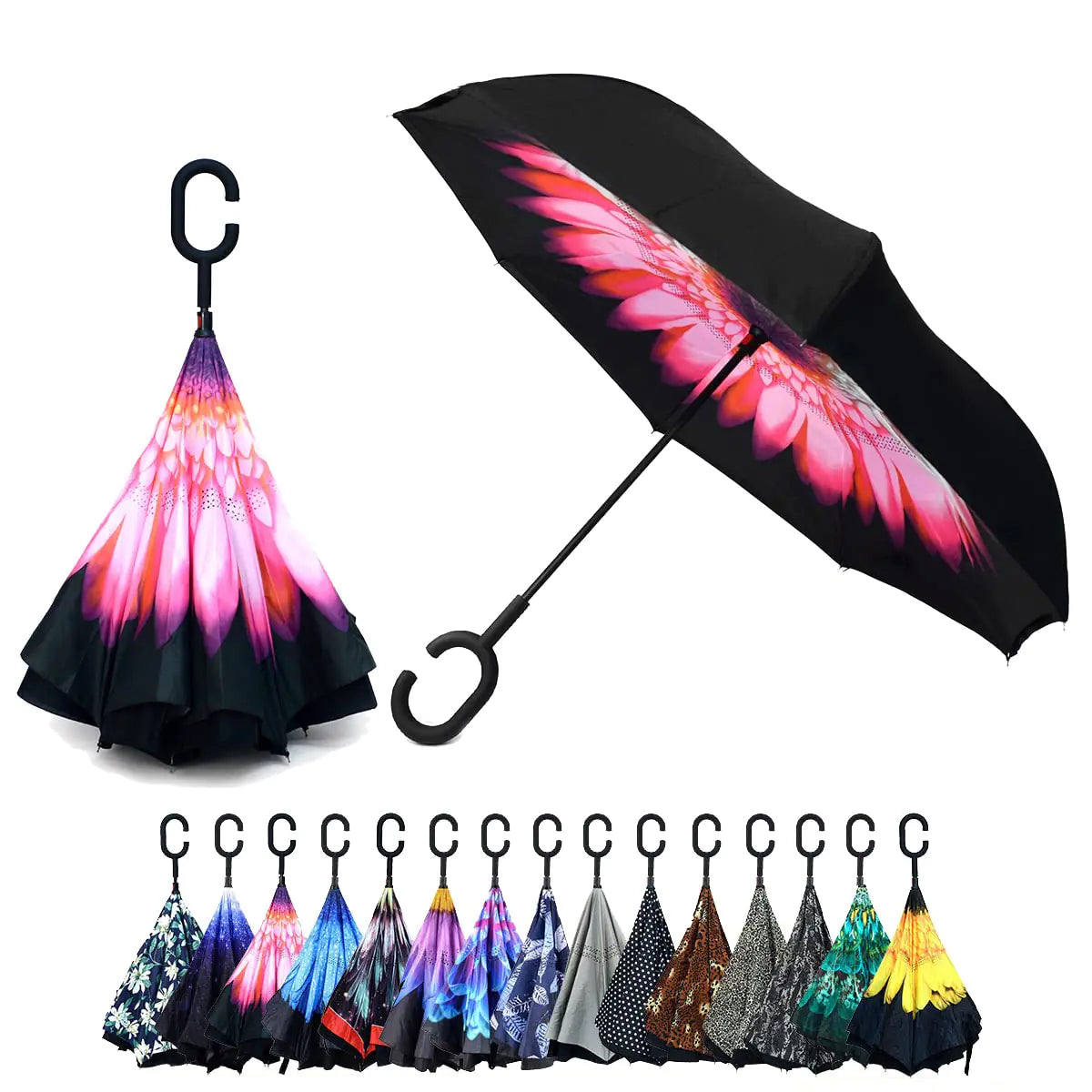Parquet Vibrant Pink Flower Double Layer Inverted Umbrellas - C Shaped Handle Reverse Folding Windproof Umbrella for Men and Women