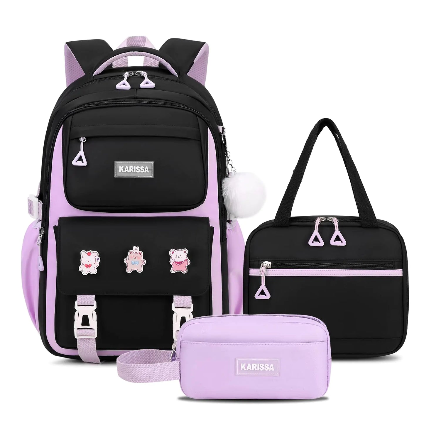 PIG PIG GIRL Girls Backpack Kids Backpack for Girls with Anti-theft Back Pocket Lightweight School Backpack Watrer Resistant Bookbag for Elementary Primary School Black Purple 3pcs