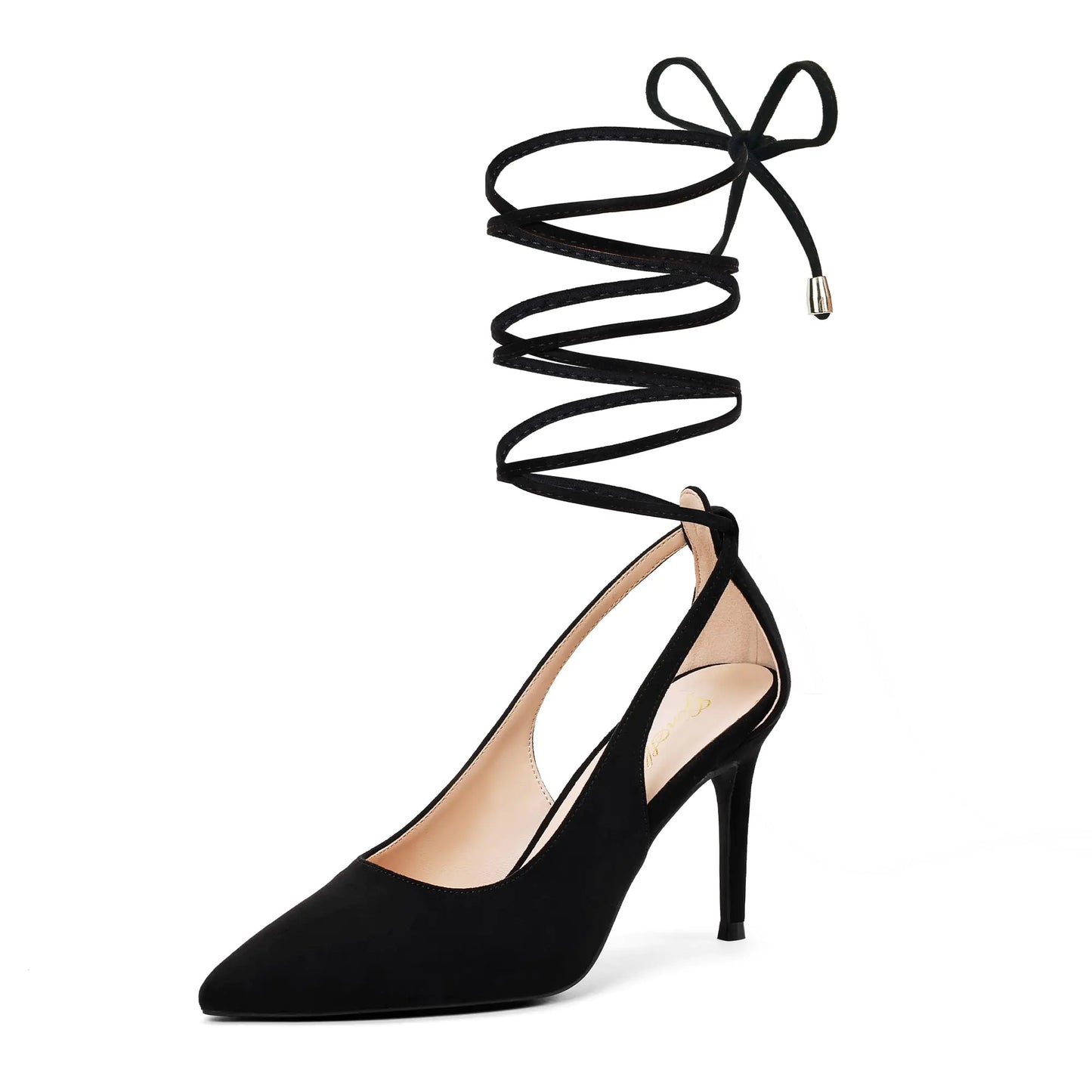 GENSHUO Lace Up Pumps for Women Strappy High Heels Sexy Pointed Closed Toe Shoes 3 Inch Stiletto Heels Suede Dress Party Wedding Shoes Black Suede Size 7