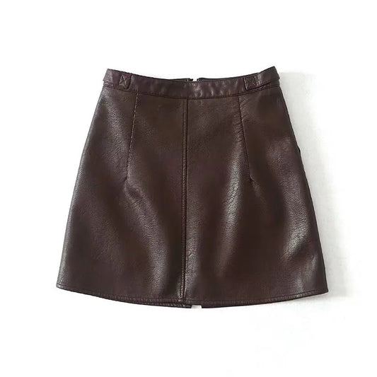 High Waist Slim Zipper A-Line PU Leather Short Skirt