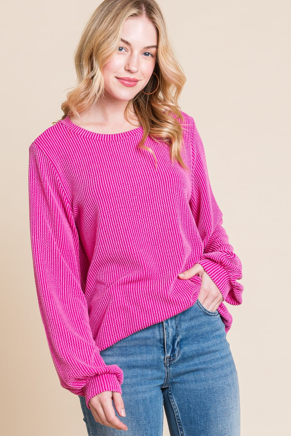 BOMBOM Long Sleeve Curved Hem Ribbed T-Shirt-BT8D