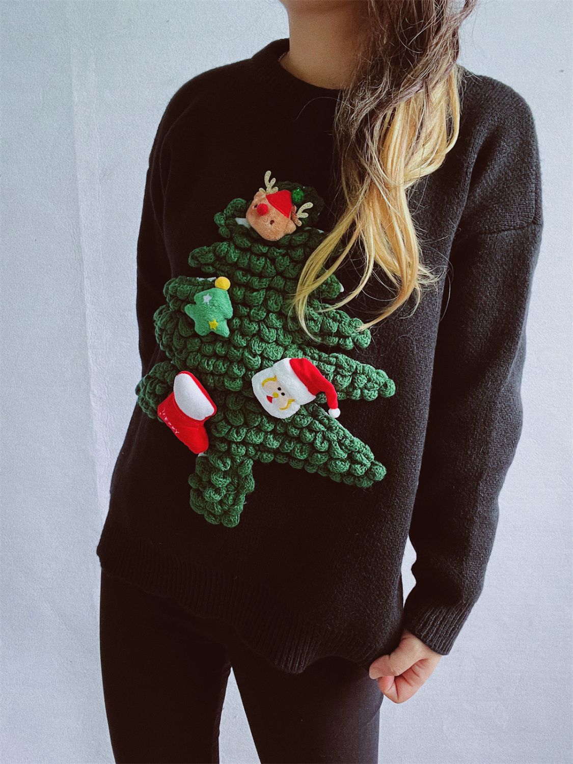 Christmas Tree Round Neck Long Sleeve Sweater-BT8D
