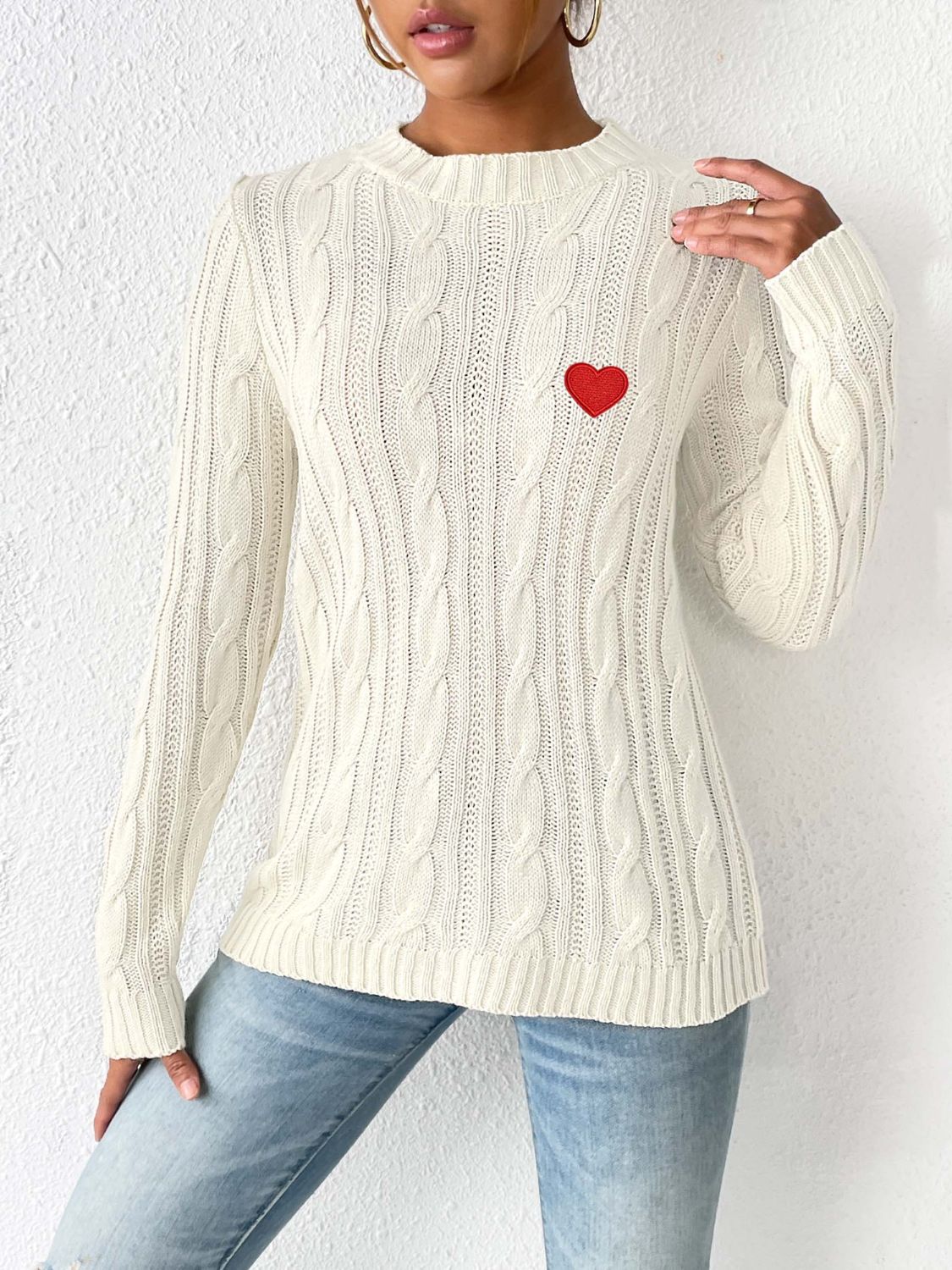 Cable-Knit Heart Round Neck Long Sleeve Sweater-BT8D
