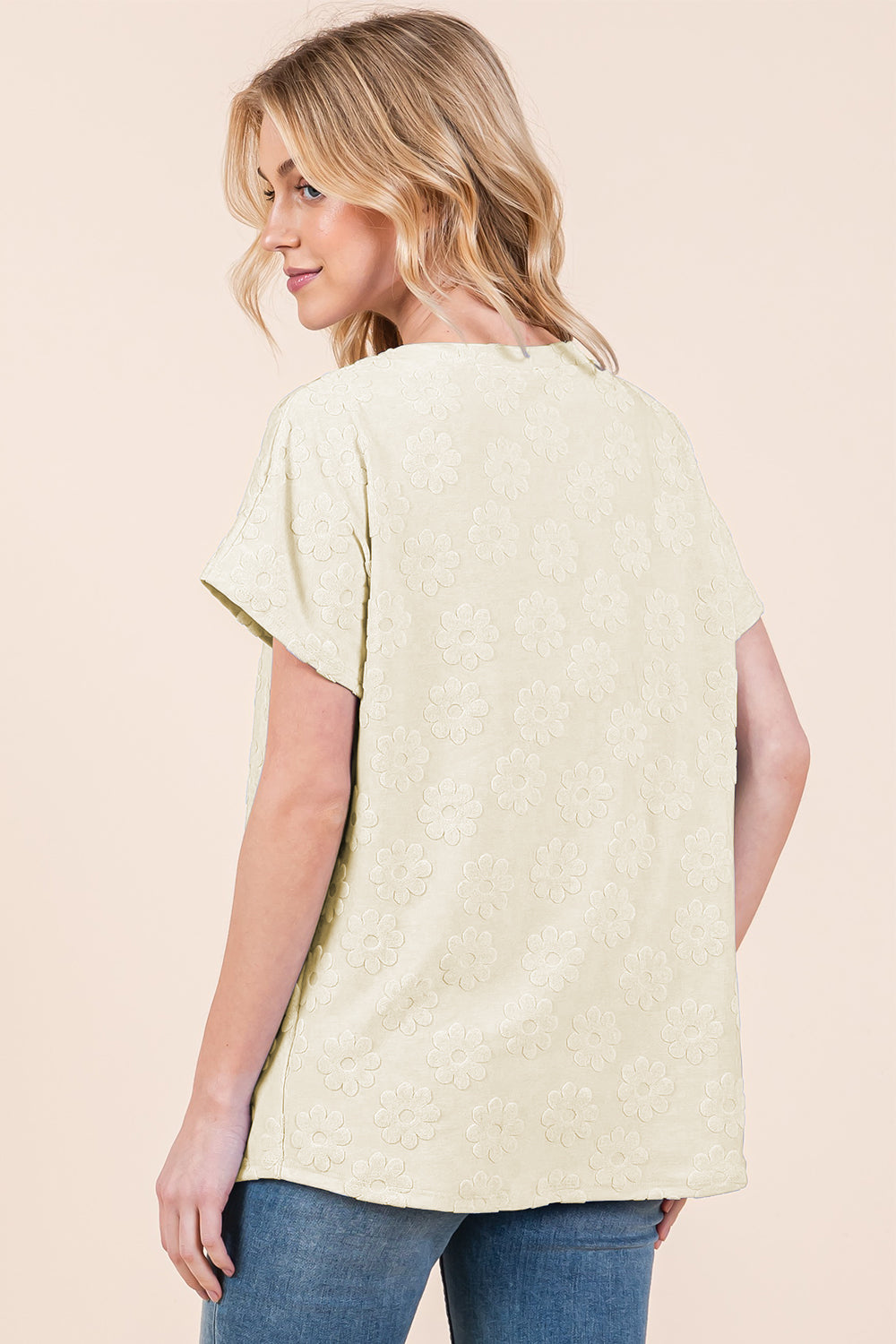 BOMBOM Textured Floral Pattern Short Sleeve T-Shirt-BT8D