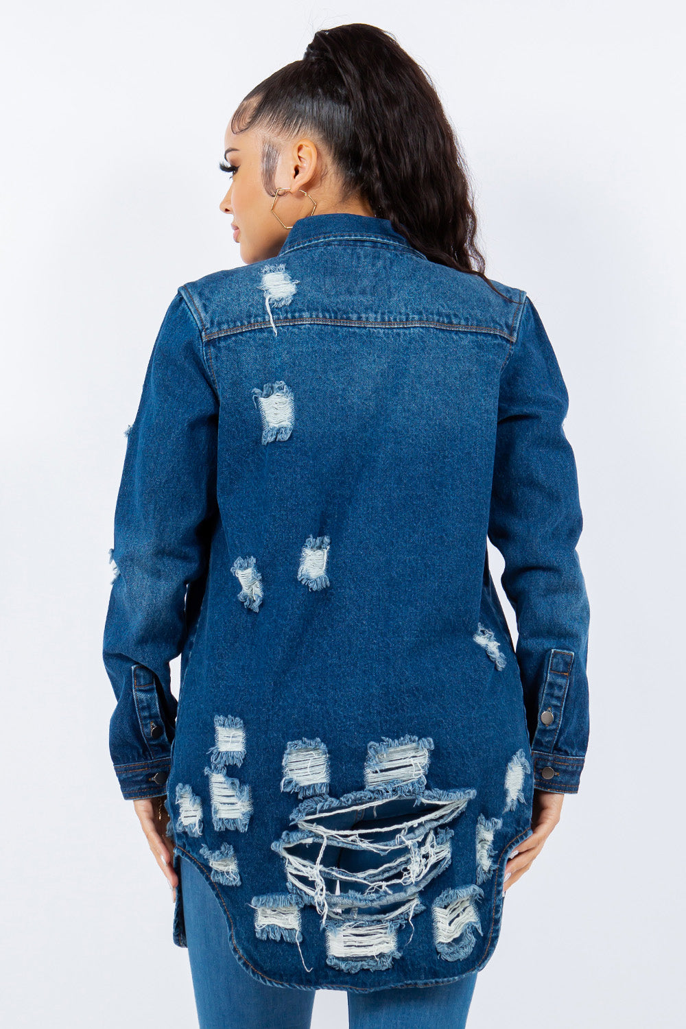 American Bazi Distressed Button Up Long Sleeve Denim Jacket-BT8D