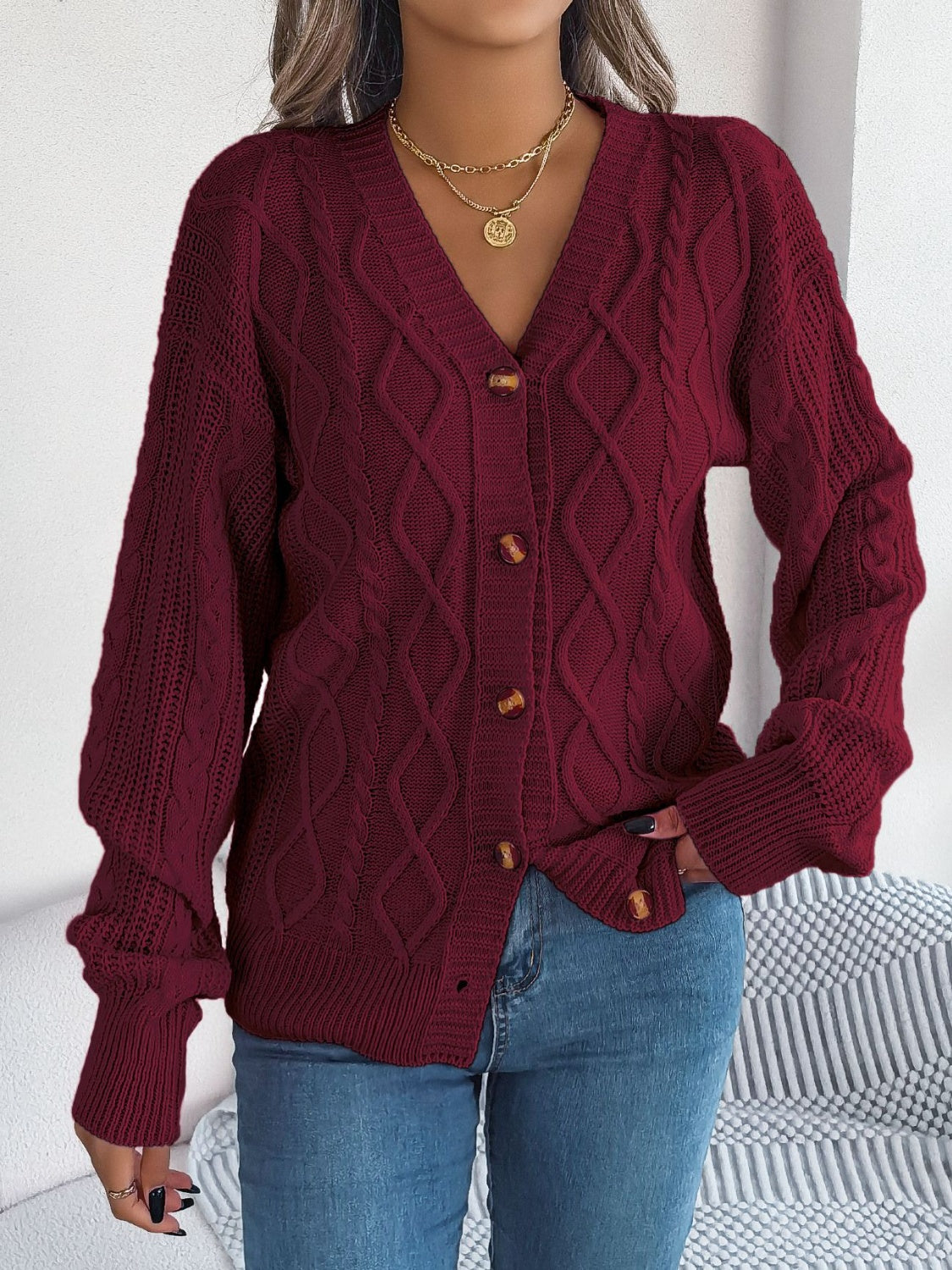 Cable-Knit Long Sleeve Cardigan-BT8D