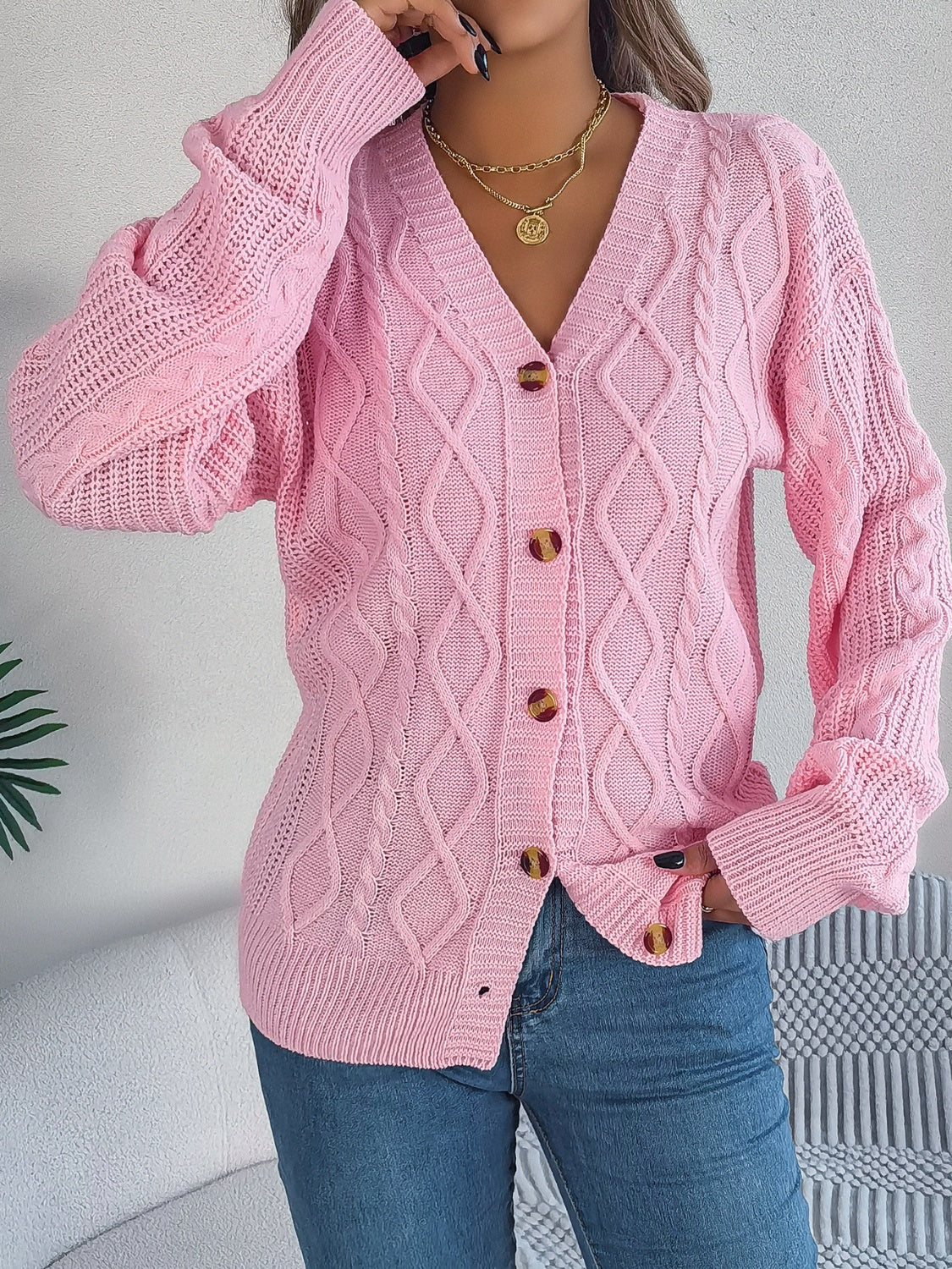 Cable-Knit Long Sleeve Cardigan-BT8D