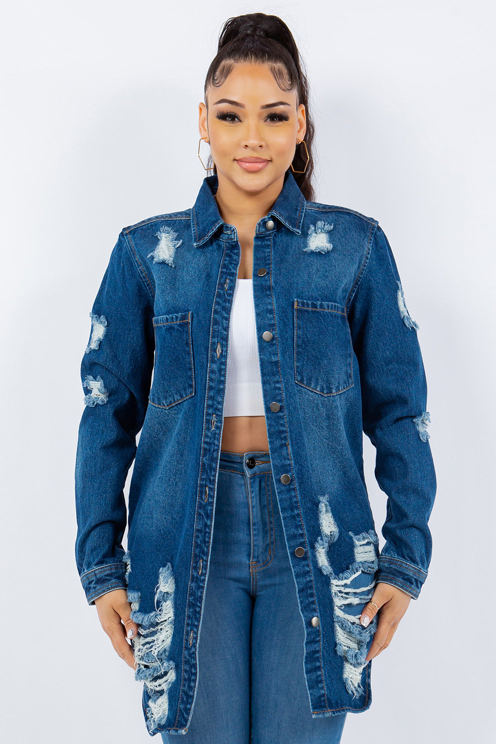 American Bazi Distressed Button Up Long Sleeve Denim Jacket-BT8D