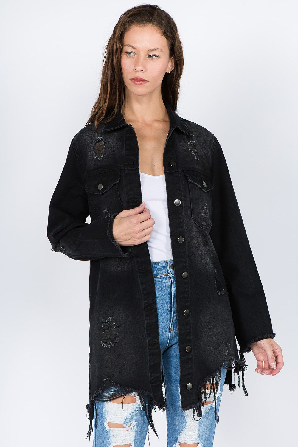 American Bazi Distressed Frayed Hem Denim Jacket-BT8D