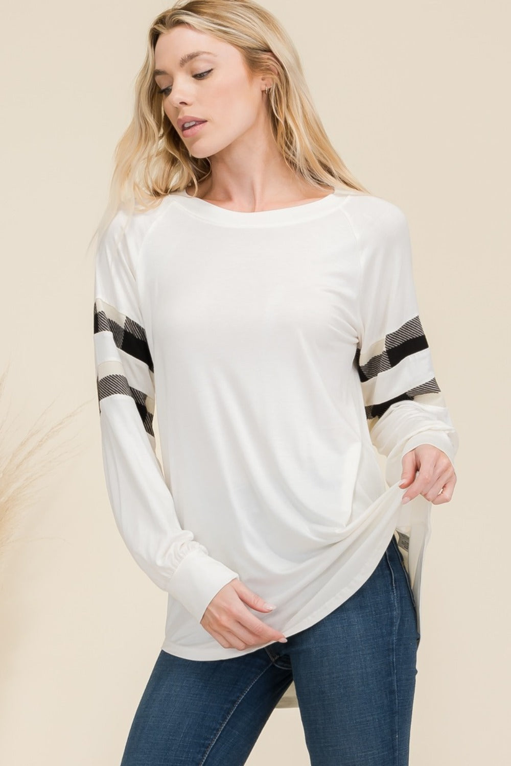 Celeste Full Size Plaid Detail Long Sleeve T-Shirt-BT8D