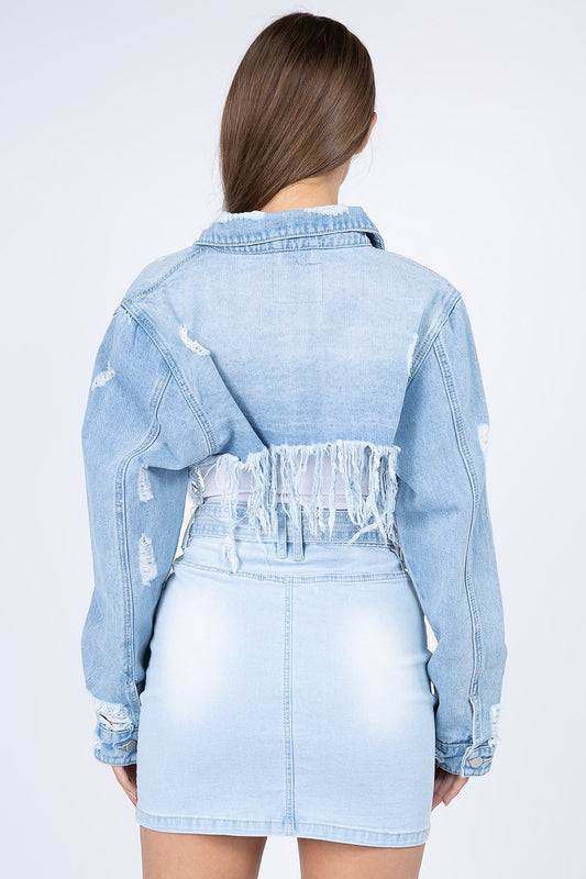 American Bazi Distressed Denim Jacket with Frayed Hem-BT8D