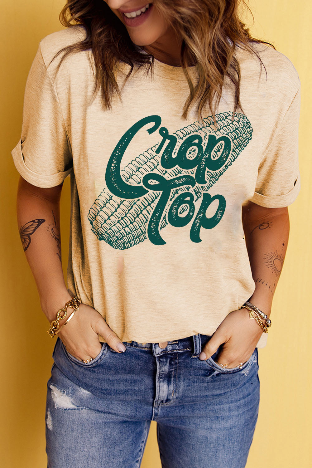 Corn Letter Graphic Cuffed Tee-BT8D