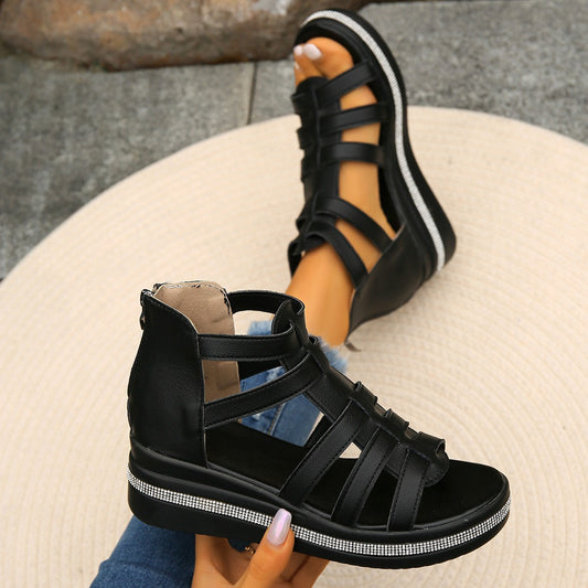 Cutout Rhinestone Trim Wedge Sandals-BT8D