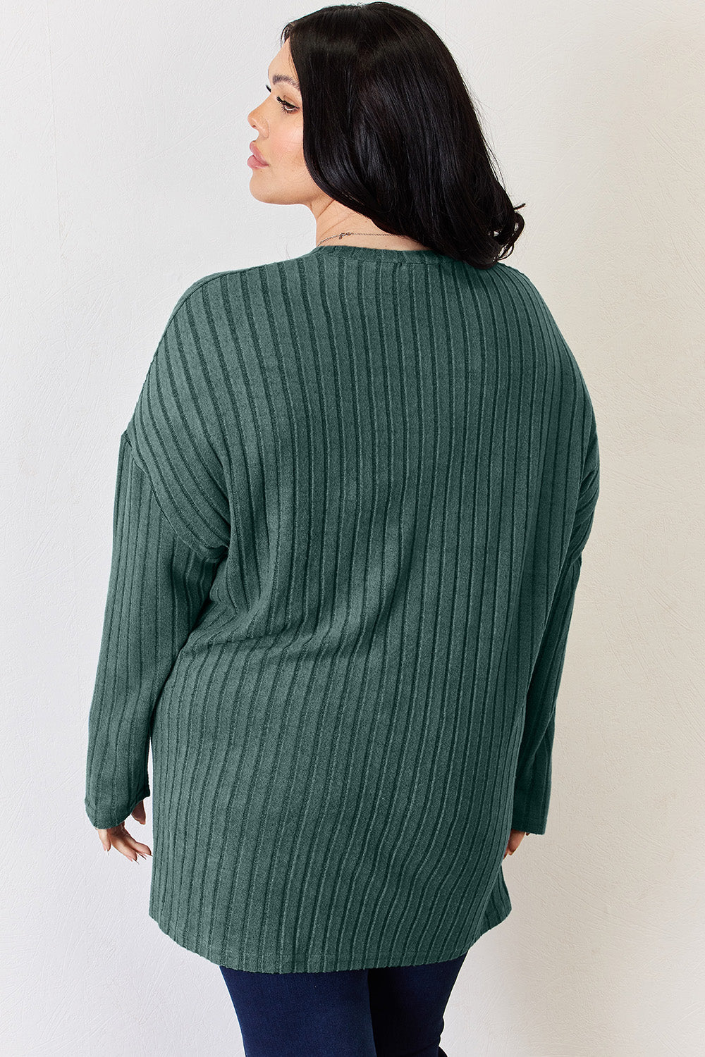 Basic Bae Full Size Ribbed Half Button Long Sleeve High-Low T-Shirt-BT8D