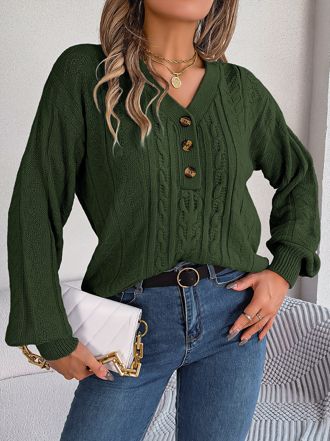 Cable-Knit V-Neck Long Sleeve Sweater-BT8D
