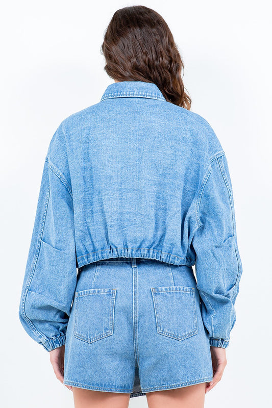 American Bazi Drawstring Waist Crop Denim Jacket-BT8D