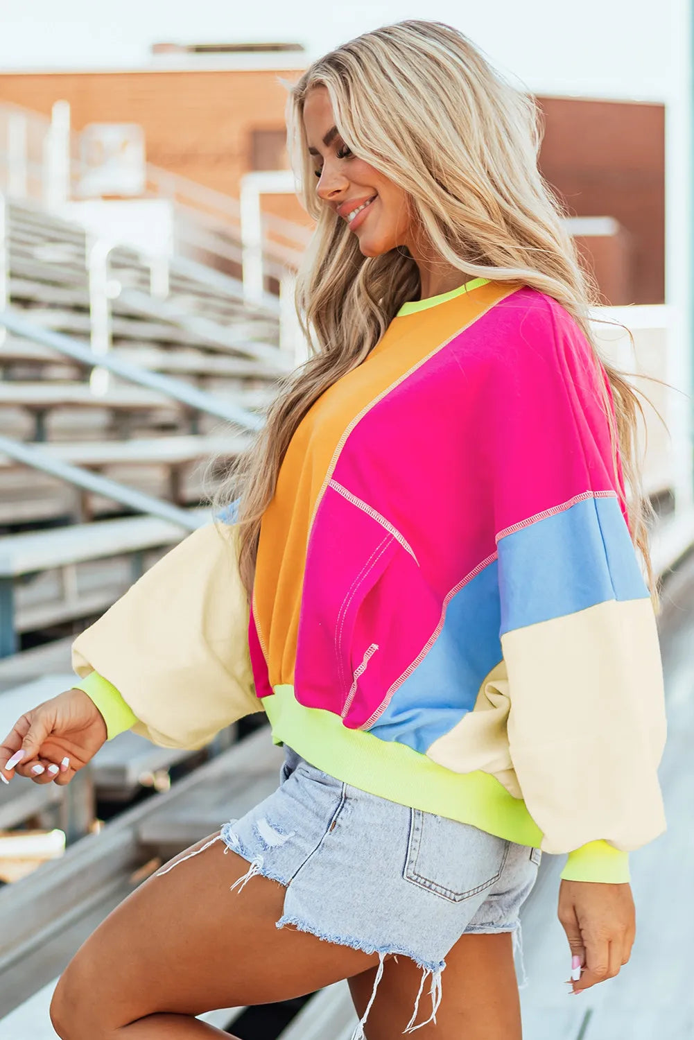 Color Block Round Neck Long Sleeve Top-BT8D