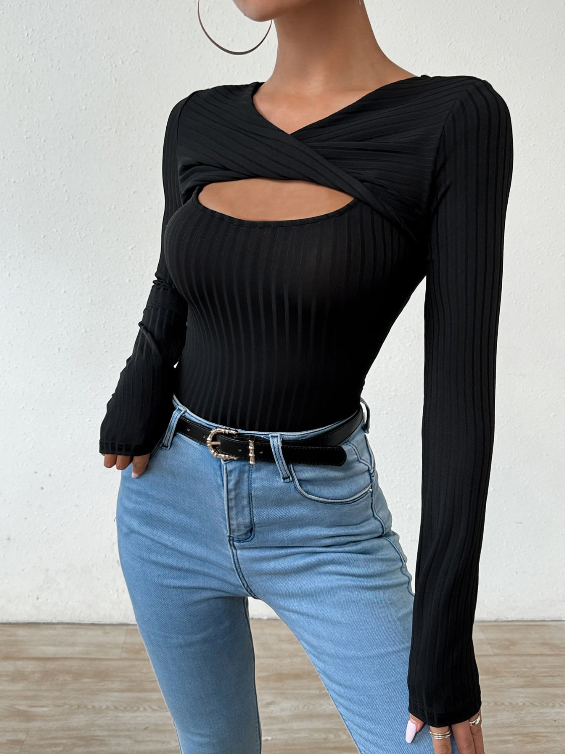 Cutout Surplice Long Sleeve T-Shirt-BT8D