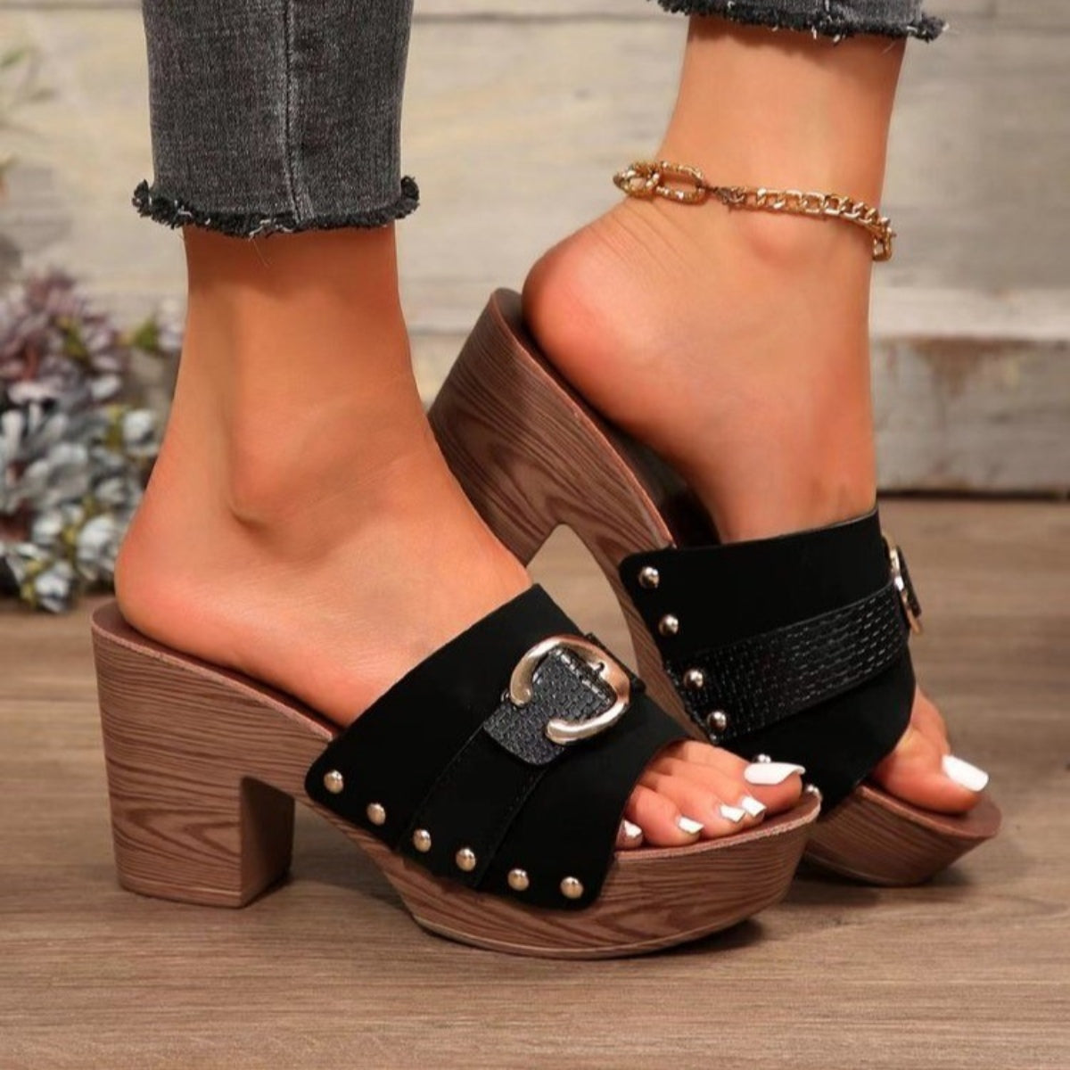 Buckle Trim Block Heel Sandals-BT8D