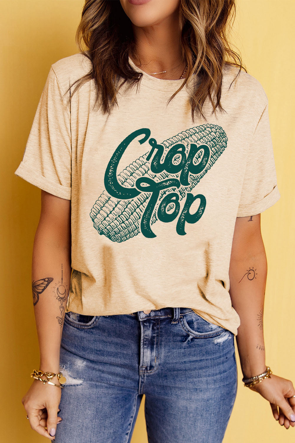 Corn Letter Graphic Cuffed Tee-BT8D