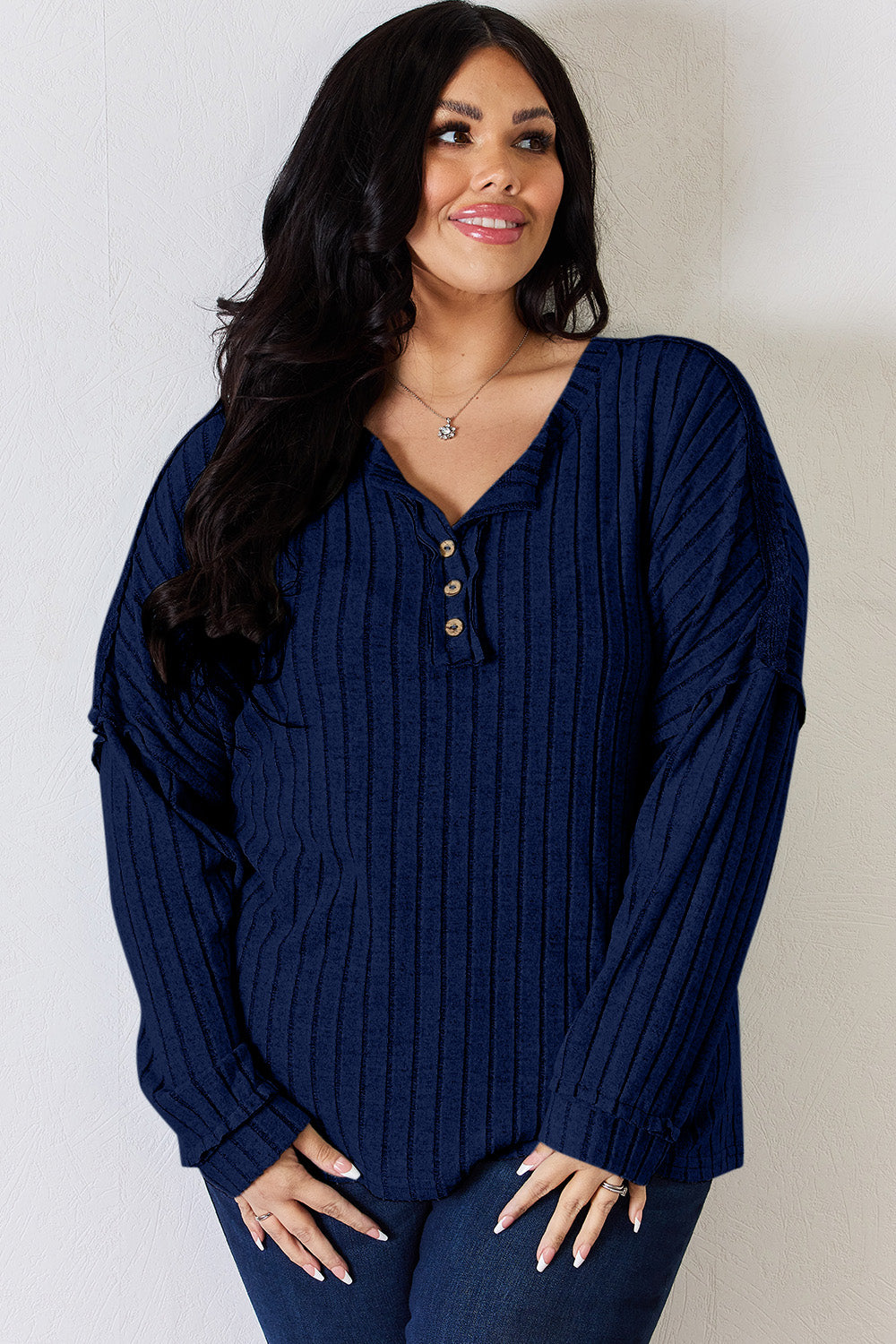 Basic Bae Full Size Ribbed Half Button Long Sleeve T-Shirt-BT8D