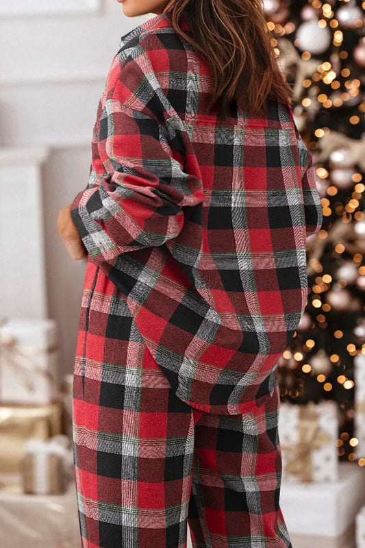 Plaid Long Sleeve Top And Pants Lounge Set