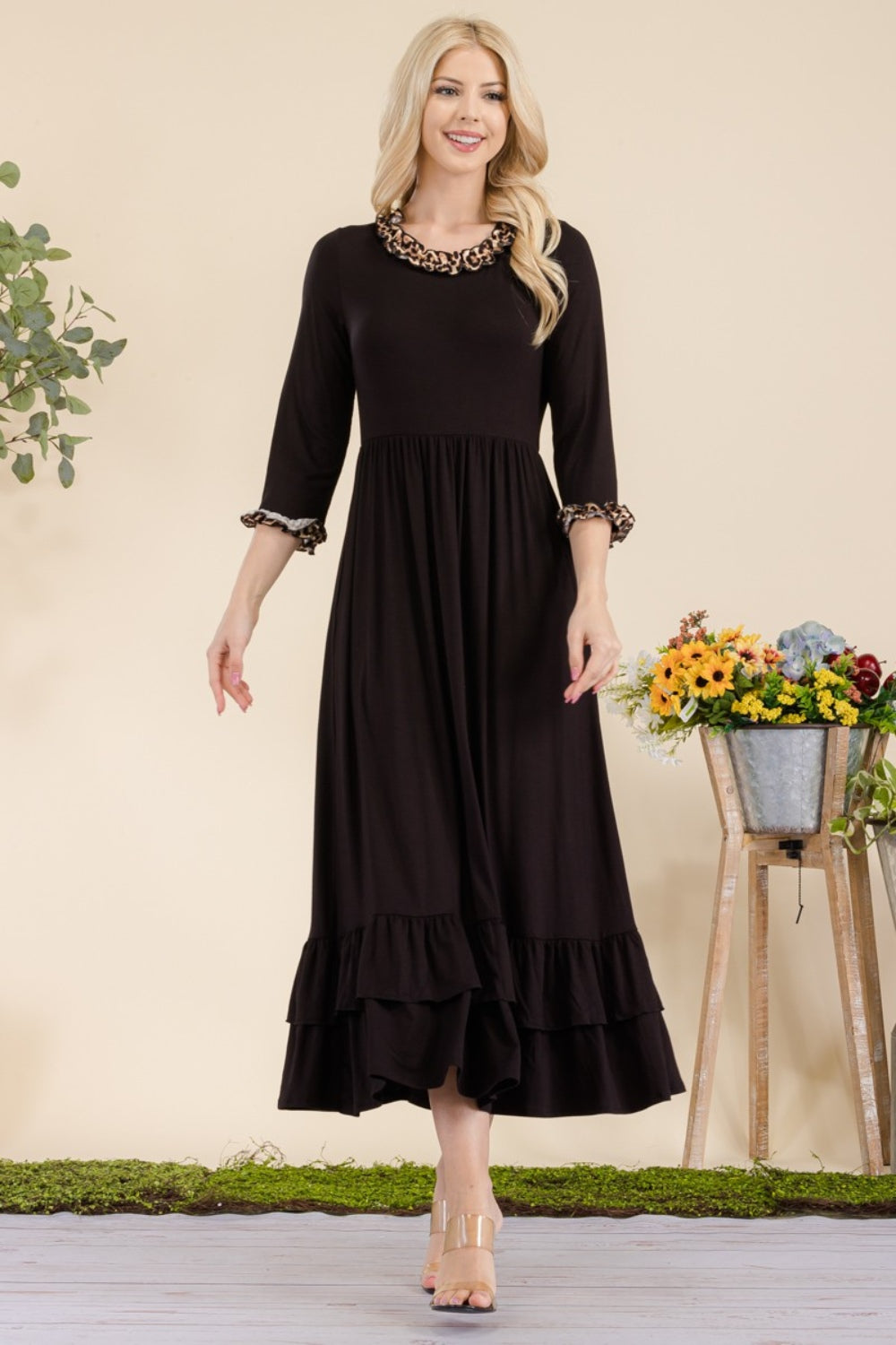 Celeste Full Size Leopard Ruffle Detail Midi Dress-BT8D