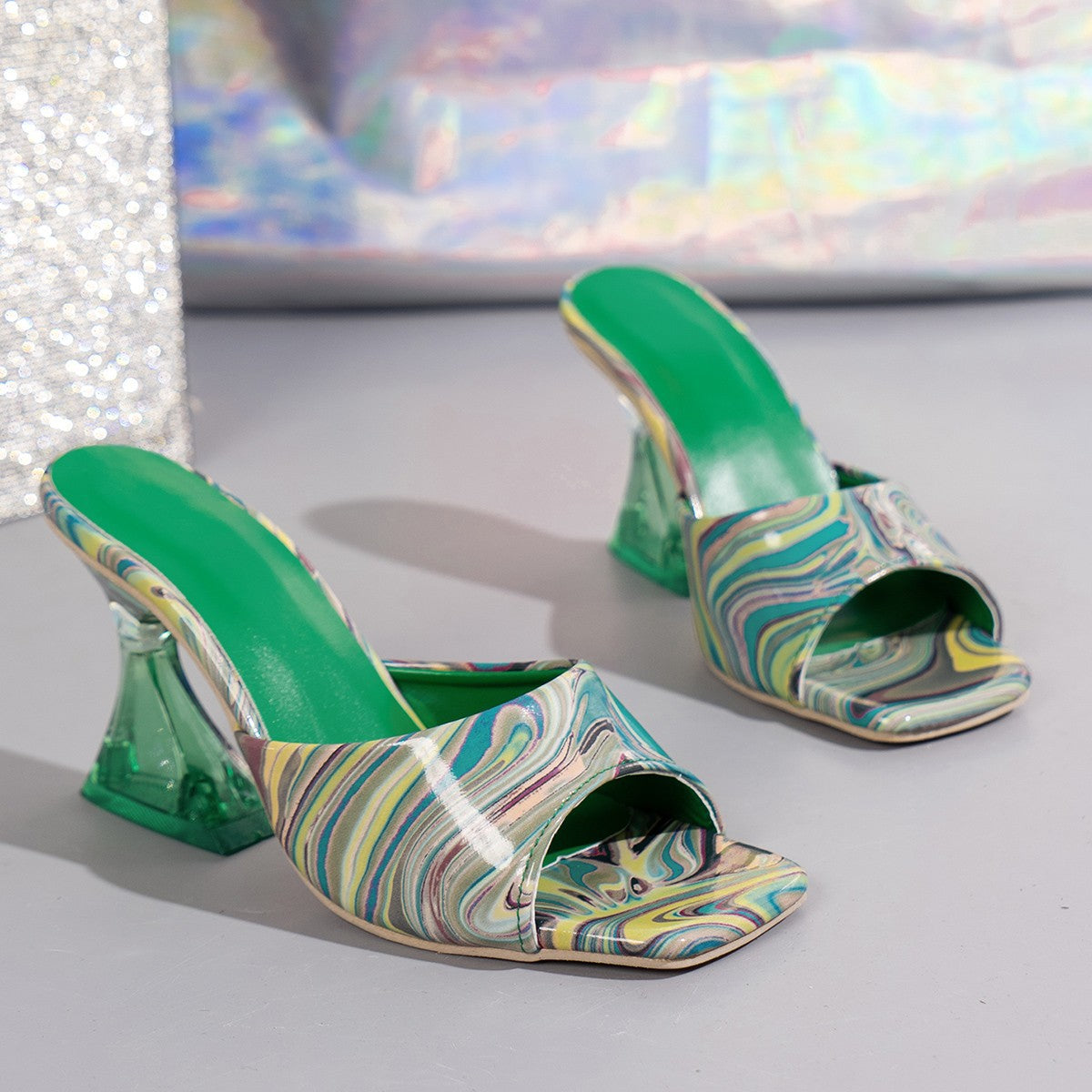 Contrast Peep Toe Mid Heels Sandals-BT8D