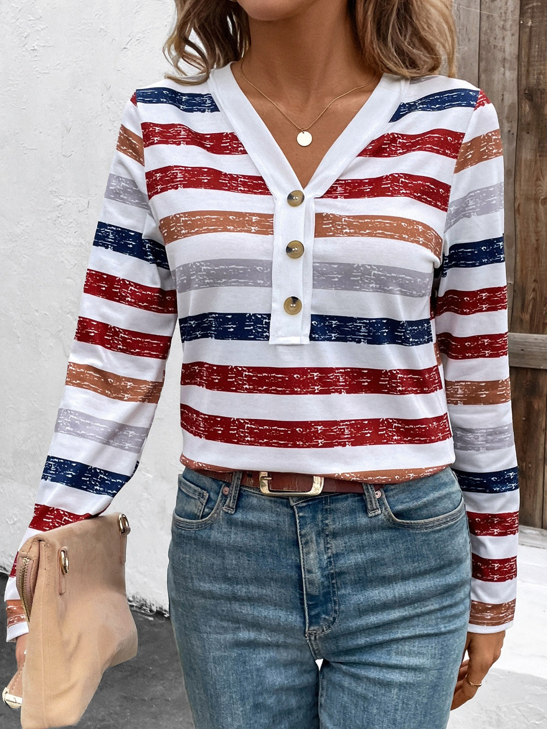 Contrast Striped V-Neck Long Sleeve T-Shirt-BT8D