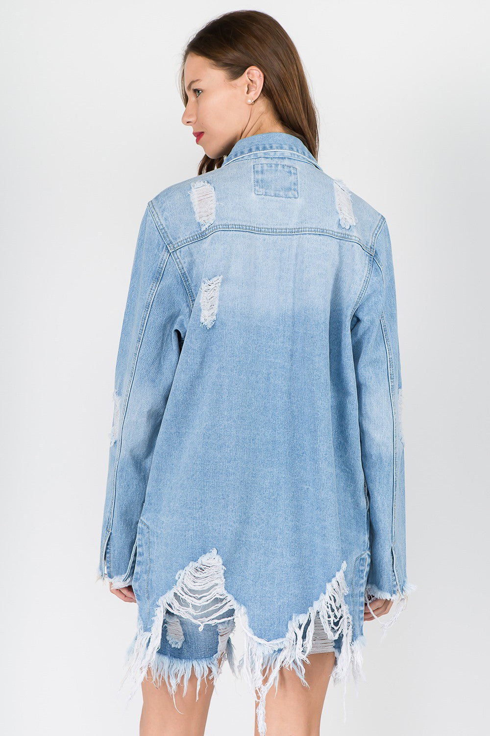American Bazi Distressed Frayed Hem Denim Jacket-BT8D